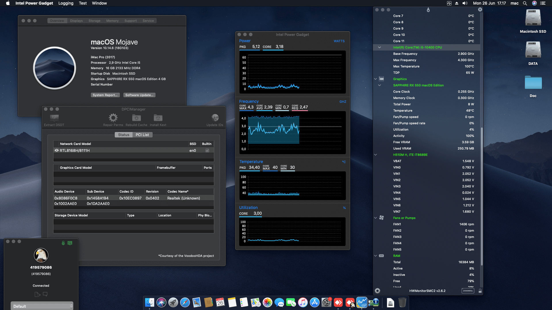 Success Hackintosh macOS Mojave 10.14.6 Build 18G103 in Gigabyte GA H510M H + Intel Core i5 10400 + Sapphire RX 550